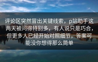 评论区突然冒出关键线索，p站助手这两天被问得特别多，有人说只是巧合，但更多人已经开始对照细节，答案可能没你想得那么简单
